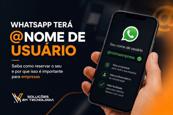 Ilustração sobre a nova função de nome de usuário (@username) do WhatsApp, mostrando como reservar um identificador para empresas e negócios locais sem divulgar o número de telefone.