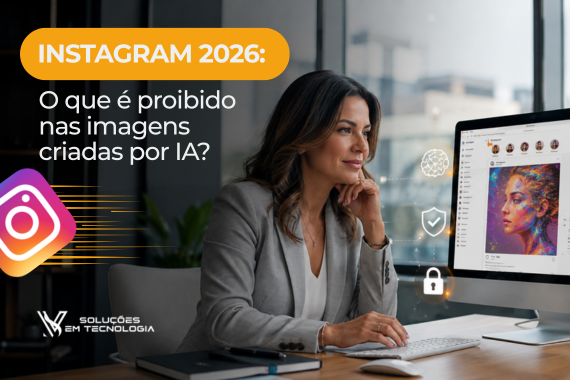 Empresária analisando imagens geradas por Inteligência Artificial em um computador enquanto utiliza o Instagram em ambiente corporativo moderno.