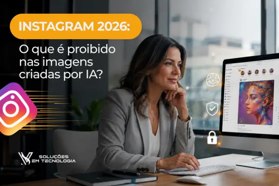 Empresária analisando imagens geradas por Inteligência Artificial em um computador enquanto utiliza o Instagram em ambiente corporativo moderno.